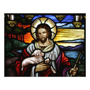 De Goede Herder; Jezus op glas in lood Foto Afdruk