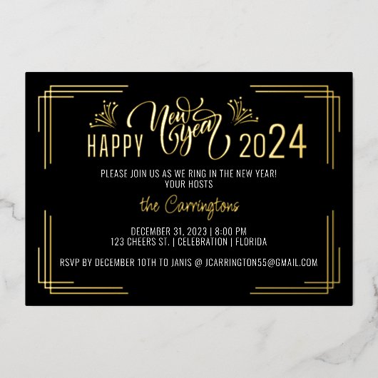 De Gold & Black Party van het nieuwe jaar Folie Uitnodiging (Voorkant)