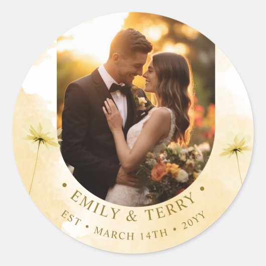 De Golden Hour Grace Foto & Bloemenbruiloft Ronde Sticker (Voorkant)