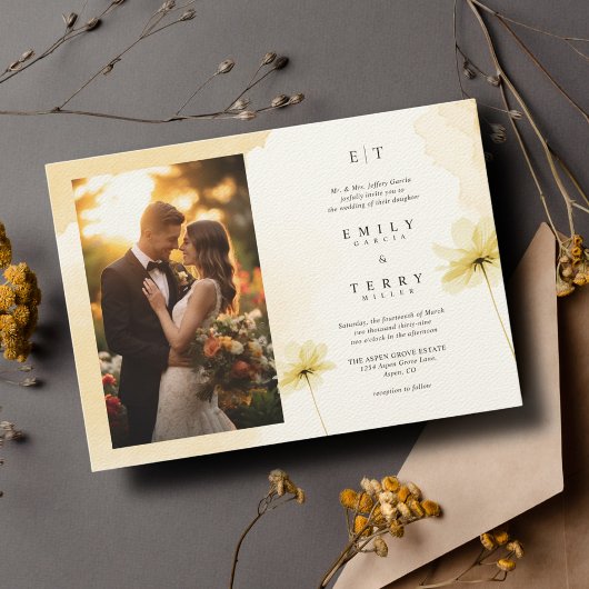 De Golden Hour Grace Foto & Monogram Huwelijk Kaart