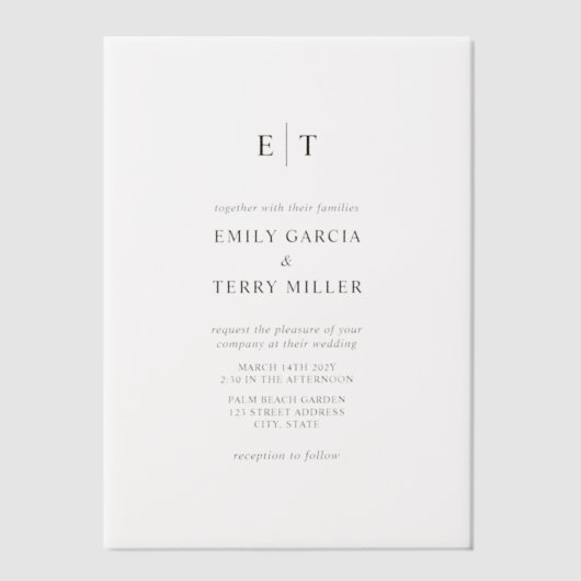 De Golden Hour Grace Modern Monogram bruiloft Vellum Uitnodigingen (Voorkant)