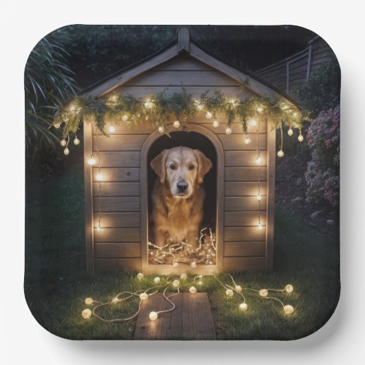De Golden Retriever van Kerstmis in Doghouse Papieren Bordje (Voorkant)