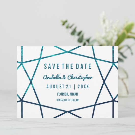 De Golven van de Turquoise Geometric sparen de Dat Save The Date (Staand voorkant)