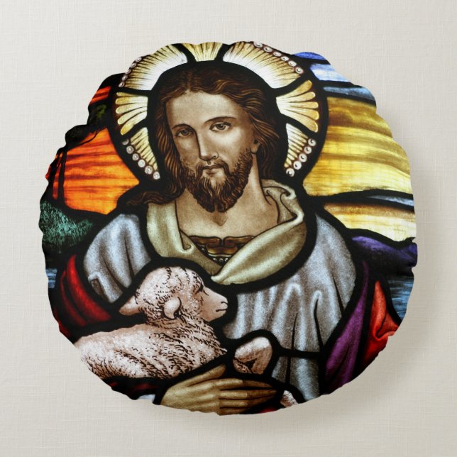 De Good Shepherd; Jezus op gekleurd glas Rond Kussen (Voorkant)
