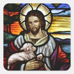 De Good Shepherd; Jezus op gekleurd glas Vierkante Sticker