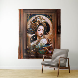 De Gouden Draak Geisha Meisje AI Kunst door Xzendo Wandkleed