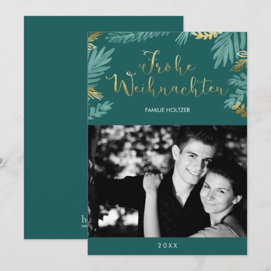 De gouden en Groene Foto van Frohe Weihnachten van Feestdagenkaart (Voorkant / Achterkant)
