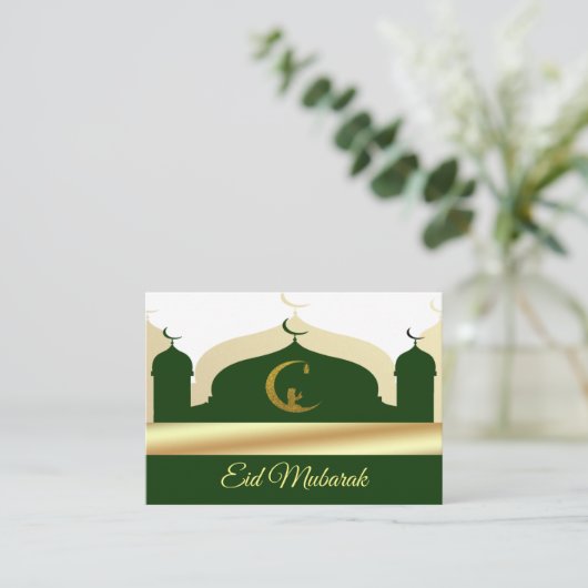 De gouden en groene moskee Eid Mubarak Notitiekaartje (Staand voorkant)