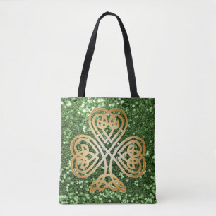 De gouden Glanzende Keltische Klaver Groene Faux Tote Bag