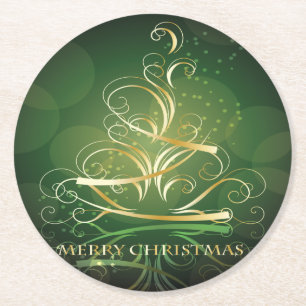 De gouden kerstboom met rond lintje ronde kartonnen onderzetter