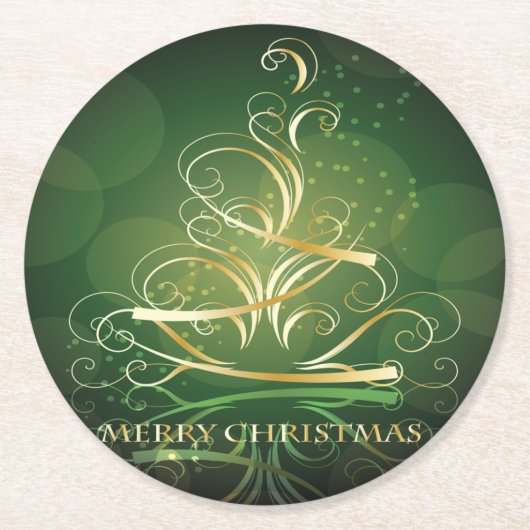 De gouden kerstboom met rond lintje ronde kartonnen onderzetter (Voorkant)