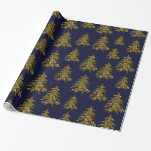 De gouden Kerstboom van Sparkly op donkerblauw Cadeaupapier