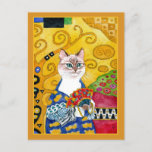 De gouden leuke kat van Gustav Klimt met het Briefkaart<br><div class="desc">Dit is een parodie van het portret van Gustav Klimt's het schilderen van "Vrouw met een Ventilator."  Mijn versie kenmerkt een kat.  U kunt de grenskleur veranderen als u zou houden van.  Dit afbeelding is ook beschikbaar op andere producten in mijn opslag Zazzle.</div>