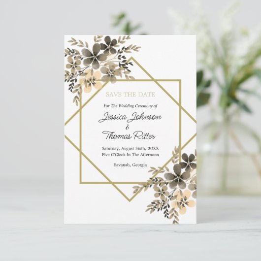De gouden Lijst kleurt Floral sparen de Datum Save The Date (Staand voorkant)