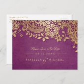 De gouden paarse elegante lace bruiloft met uitzon aankondigingskaart (Voorkant / Achterkant)