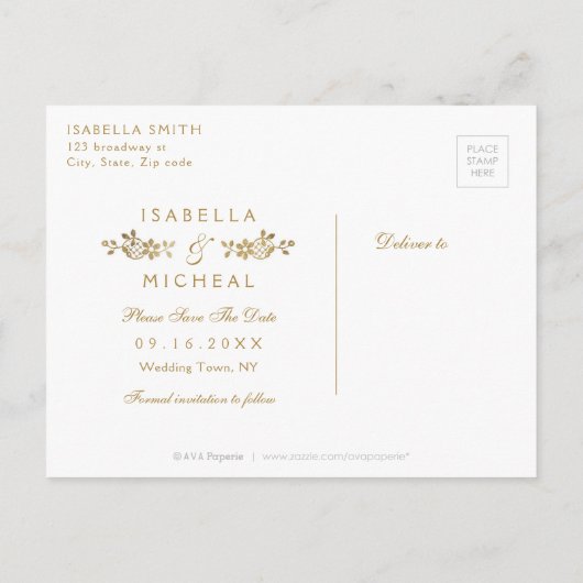 De gouden paarse elegante lace bruiloft met uitzon aankondigingskaart (Achterkant)