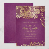 De gouden paarse elegante lace bruiloft met uitzon save the date (Voorkant / Achterkant)