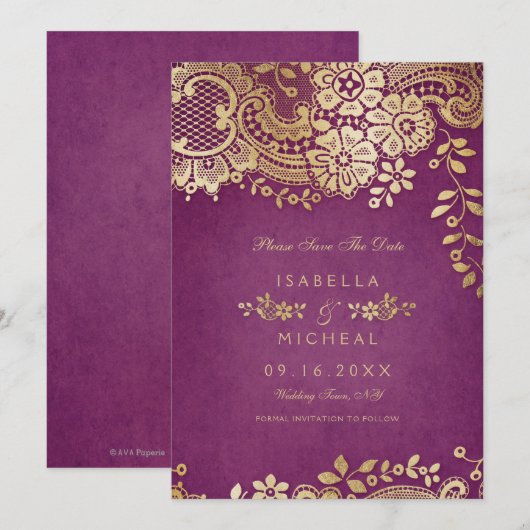 De gouden paarse elegante lace bruiloft met uitzon save the date (Voorkant / Achterkant)