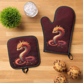 De gouden slangendraak. ovenwant & pannenlap set