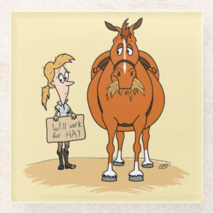 De grappige Cartoon Paardenvrouw werkt voor Hay Glazen Onderzetter