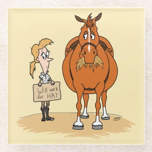 De grappige Cartoon Paardenvrouw werkt voor Hay Glazen Onderzetter (Voorkant)