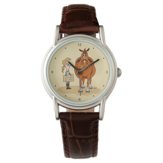 De grappige Cartoon Paardenvrouw werkt voor Hay Horloge (Voorkant)
