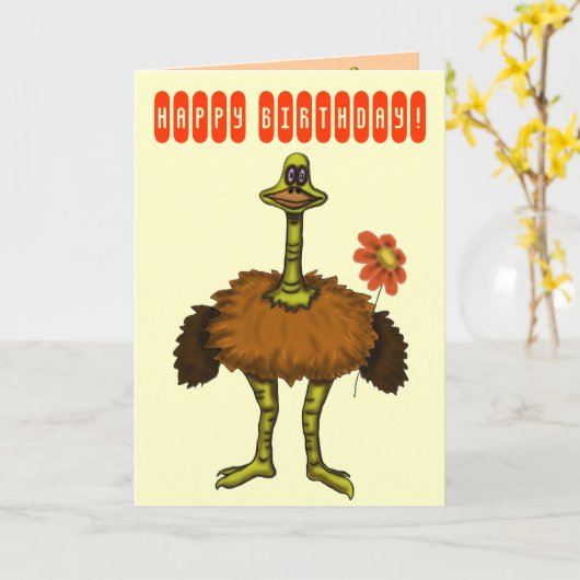De grappige kaart van de struisvogel gelukkige (Gele Bloem)