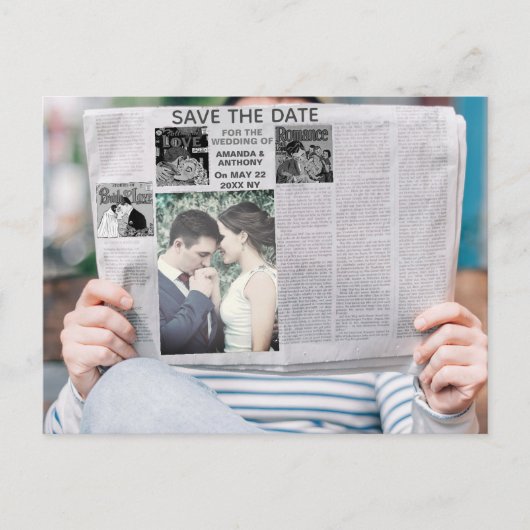 De grappige krantenfoto bewaart de datum uitnodiging briefkaart (Voorkant)