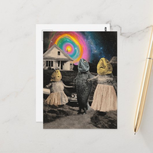 De grappige surrealistische visfamilie briefkaart (Voorkant / Achterkant in situ)
