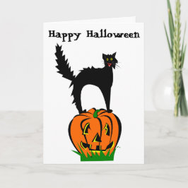 De grappige Zwarte Kat en de Pompoen van Halloween Kaart