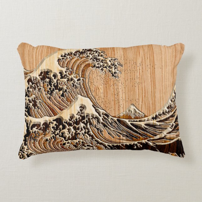 De Great Hokusai Wave Bamboo Wood Grain Style Decoratief Kussen (Voorkant)