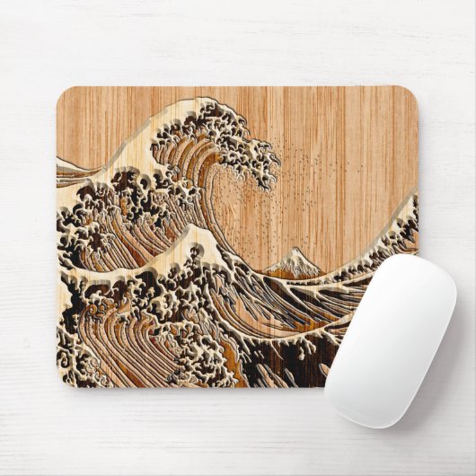 De Great Hokusai Wave Bamboo Wood Grain Style Muismat (Met muis)
