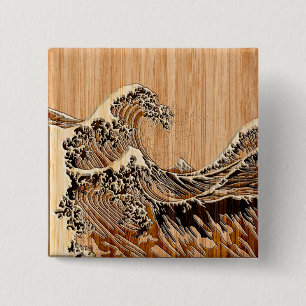 De Great Hokusai Wave Bamboo Wood Grain Style Vierkante Button 5,1 Cm