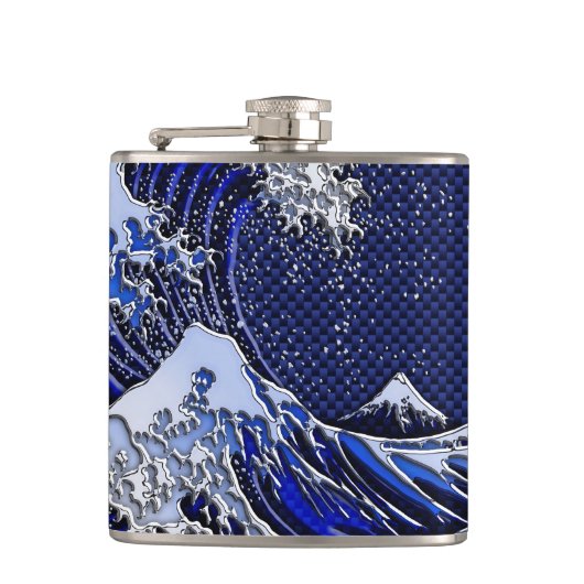 De Great Hokusai Wave Chrome Carbon ziet er uit Heupfles (Voorkant)