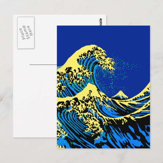 De Great Hokusai Wave in Blue Yellow Pop Style Briefkaart (Voorkant / Achterkant)