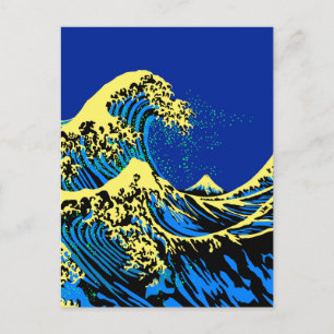 De Great Hokusai Wave in Blue Yellow Pop Style Briefkaart