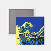 De Great Hokusai Wave in Blue Yellow Pop Style Magneet (Voorkant / Achterkant)