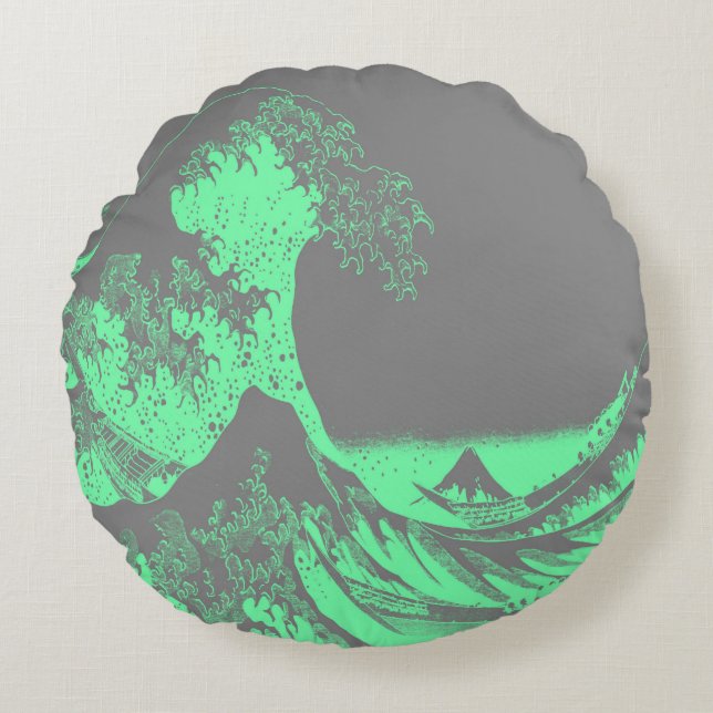 De Great Wave Seafoam Green & Grey rond kussen (Voorkant)
