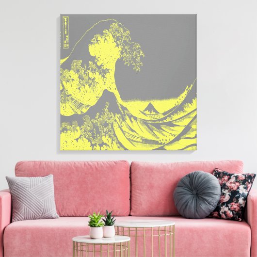De Great Wave verpakt Canvas Geel & Grijs (Insitu (Woonkamer))