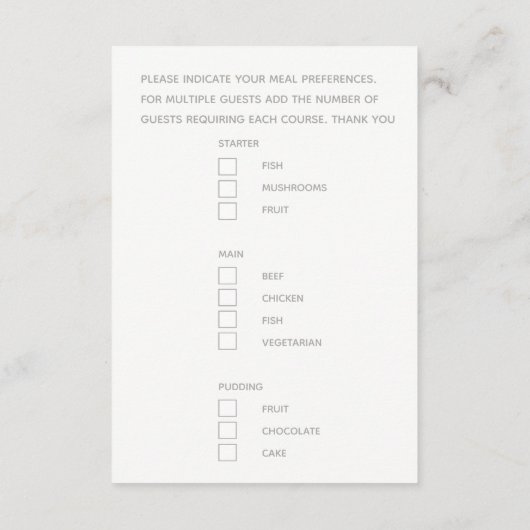 De grijze omsluiting van het de maaltijdoptiesmanu informatiekaartje (Achterkant)