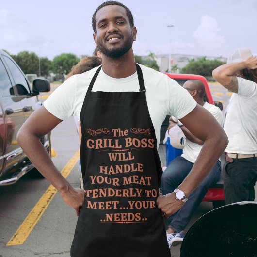 De grill baas zal je vlees teder behandelen schort