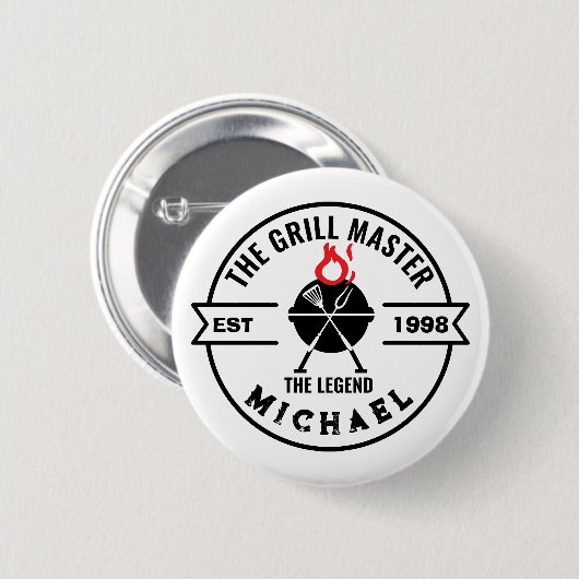 De Grill Meester Gevestigd Jaar Naam Vlam Ronde Button 5,7 Cm (Voorkant /achterkant)