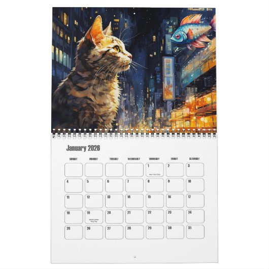 De grillige geïllustreerde kattenkalender kalender (Jan 2026)