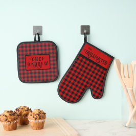 De Grillmaster Black en Red Lumberjack Plaid Ovenwant & Pannenlap Set