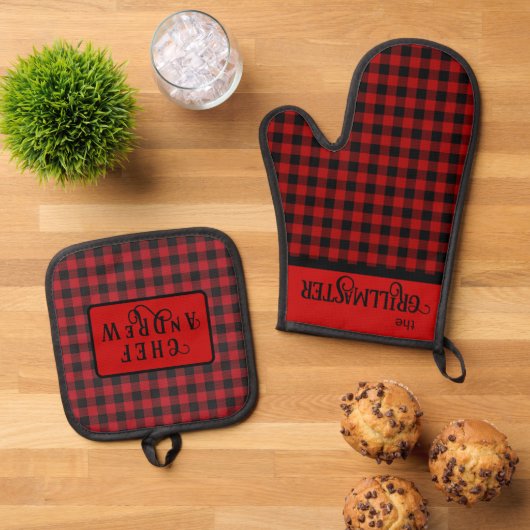 De Grillmaster Black en Red Lumberjack Plaid Ovenwant & Pannenlap Set (Top down)