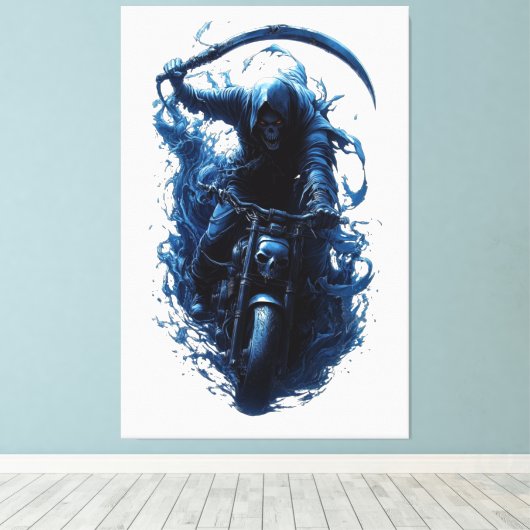 De Grim Reaper Biker op een Motorcycle Canvas Prin (Insitu (Houten vloer))