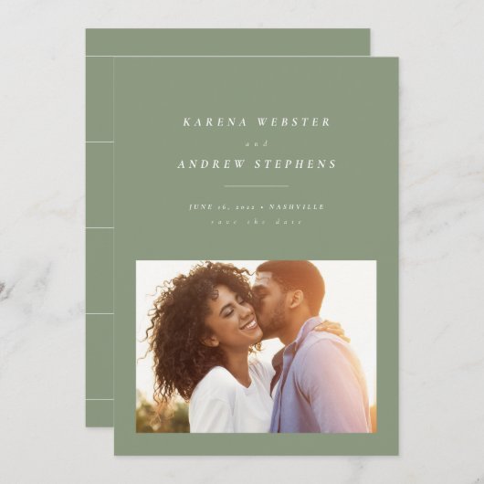 De groene, eenvoudige moderne foto van het blad be save the date (Voorkant / Achterkant)