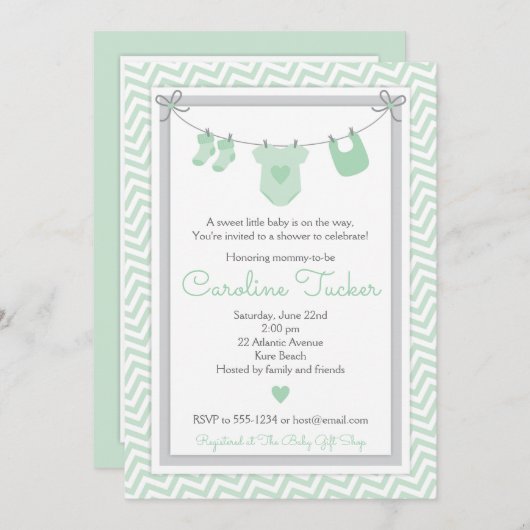 De groene en grijze Uitnodiging van het Baby showe (Voorkant / Achterkant)