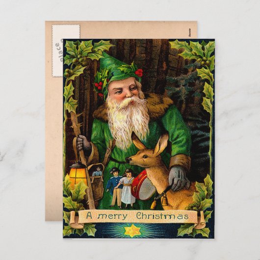 De groene Kerstman in een bos met een hert Feestdagenkaart (Voorkant / Achterkant)