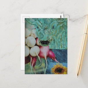 De Groene Koe en Radijs Mixed Media Collage Briefkaart